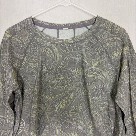 Lululemon Stripe in Stride Grey with Yellow Swirl Print Cropped Long Sleeve Work - Picture 3 of 11